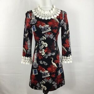 Unique Long Sleeve Scuba Knit Mini Dress Cherry Blossoms Cranes Statues Size S